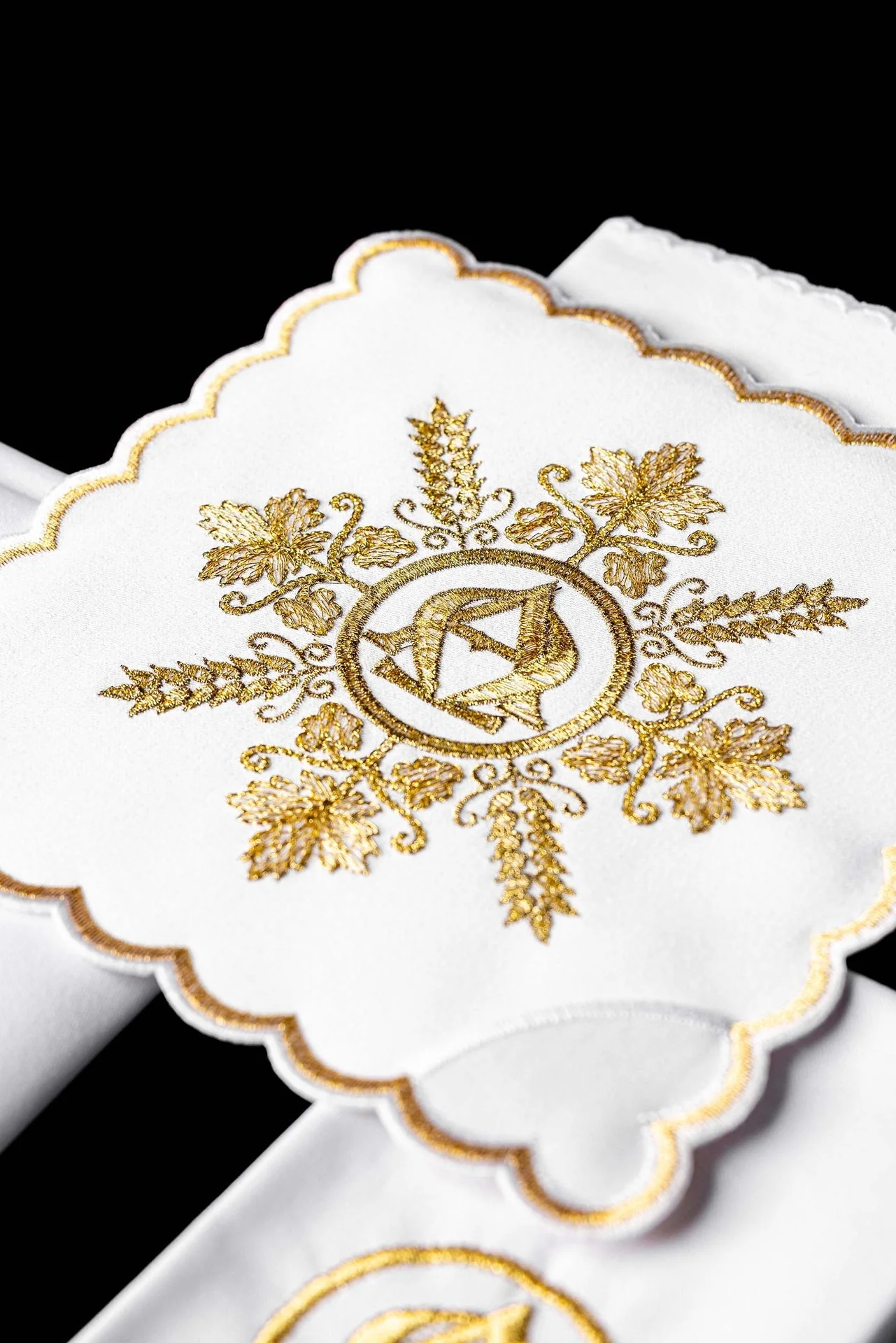 White Chalice Linen Set embroidered with an Alpha and Omega motif - Image 2