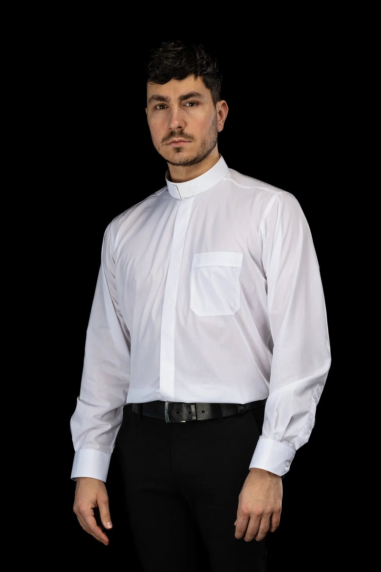 White long-sleeved Roman clerical shirt with clerical collar - Image 7